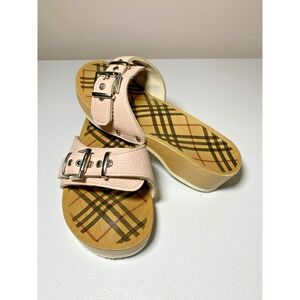 Burberry Check Wood Bottom Clogs‎ Womens Sz 6 Pink Leather Silver Buckle Sandals